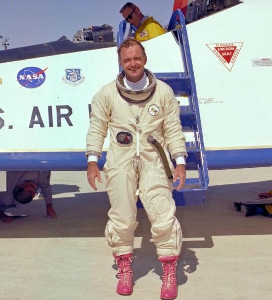 Dana after the final rocket powered aircraft flight, aboard the X-24B, at Edwards Air Force Base in 1975.