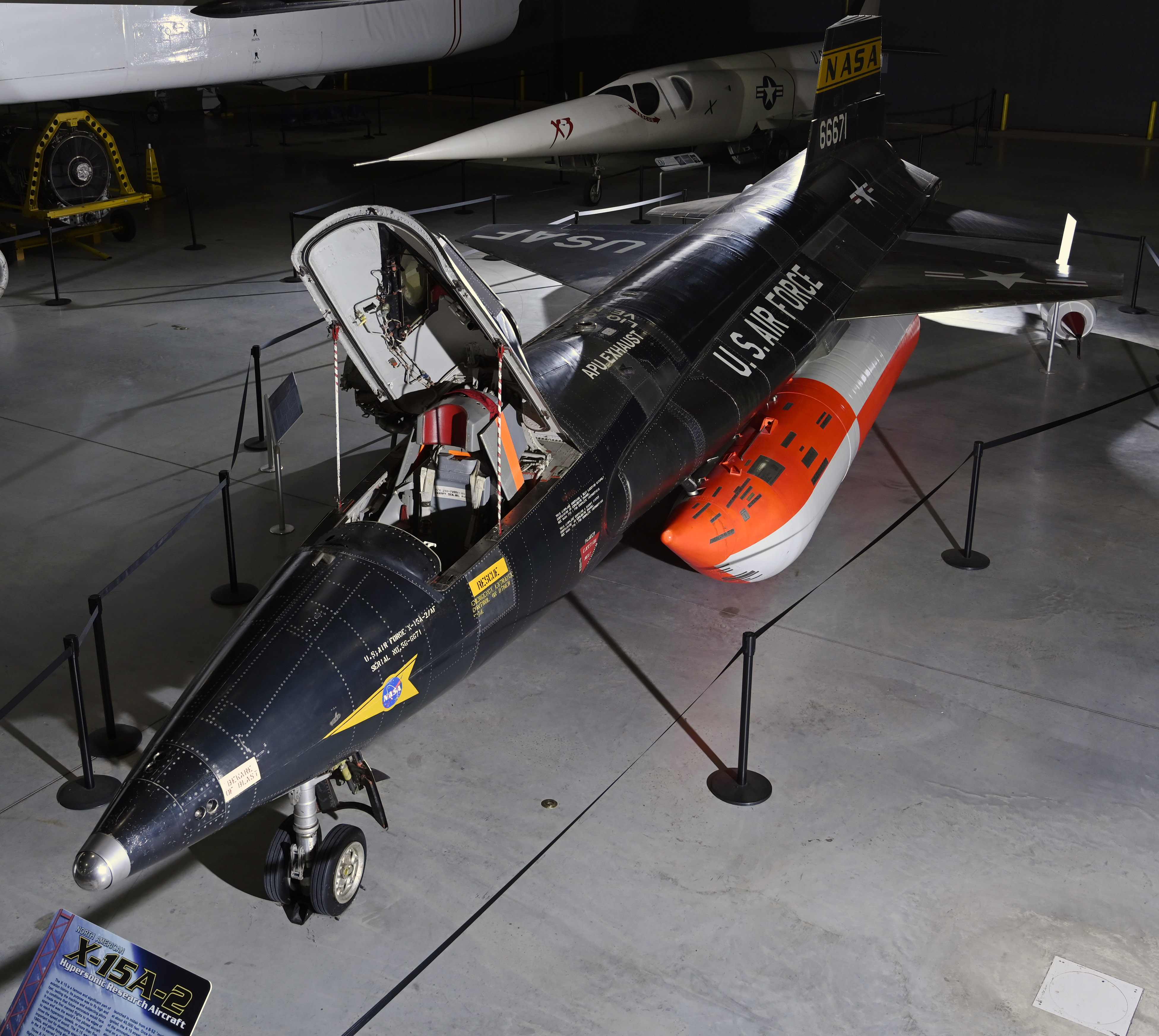 The X-15A-2 on display at the National Museum of the Air Force at Wright-Patterson Air Force Base (AFB), in Dayton, Ohio