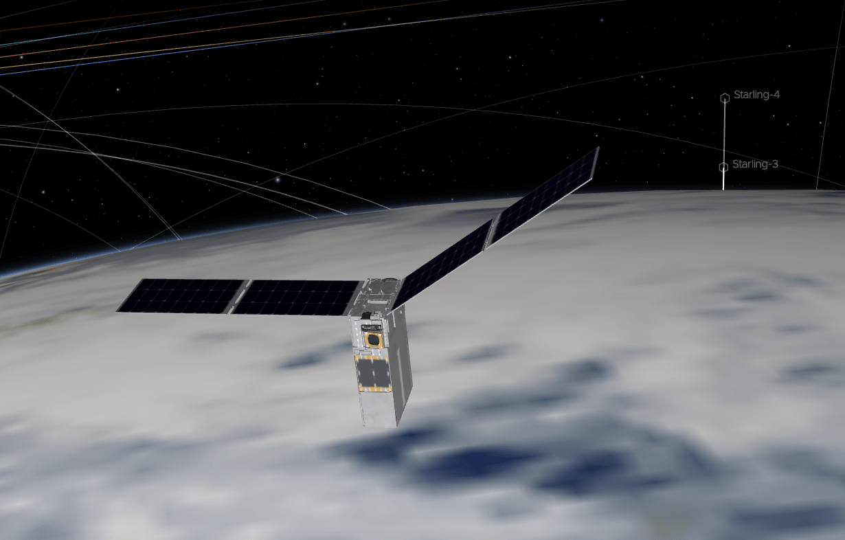 A computer rendering of a Starling spacecraft in orbit above the Earth.