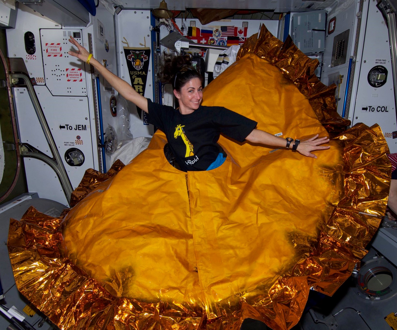 Expedition 21 Flight Engineer NASA astronaut Nicole P. Stott shows off her Halloween costume