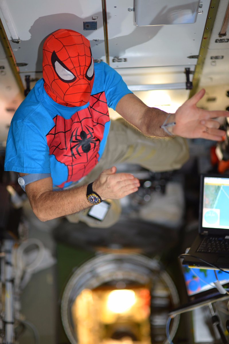 Expedition 53 European Space Agency astronaut Paolo A. Nespoli showing off his Spiderman skills