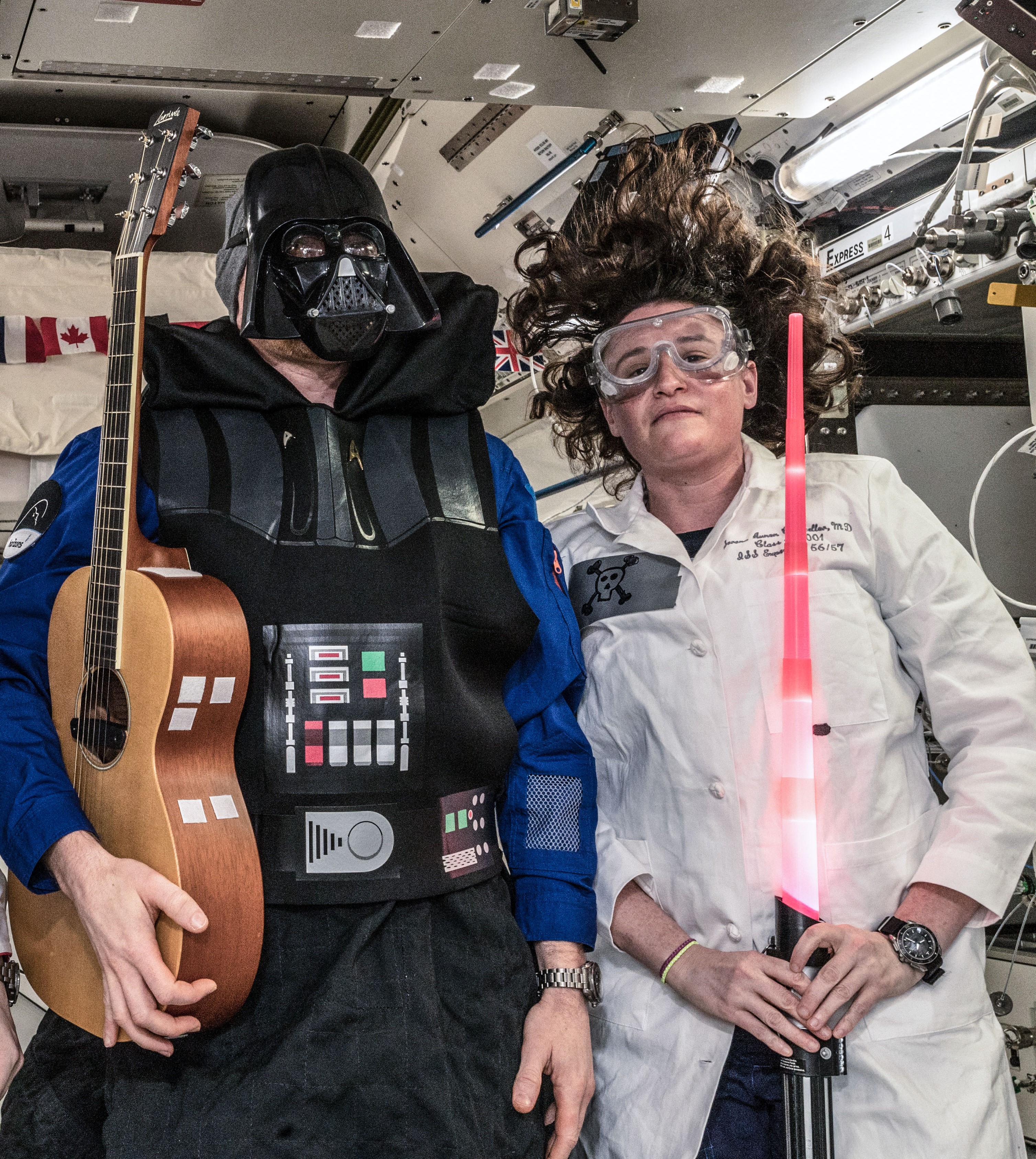 Expedition 57 crewmembers in their Halloween best – European Space Agency astronaut and Commander Alexander Gerst, left, and NASA astronaut Serena M. Auñón-Chancellor