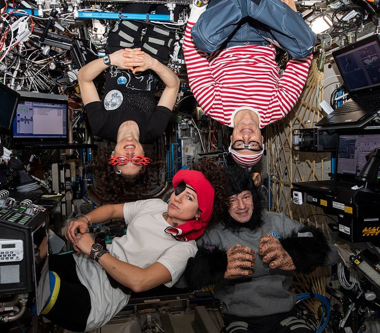 Members of Expedition 61, NASA astronaut Christina H. Koch, top left, European Space Agency astronaut Luca S. Parmitano, NASA astronaut Andrew R. “Drew” Morgan, and NASA astronaut Jessica U. Meir, show off their Halloween spirit in 2019