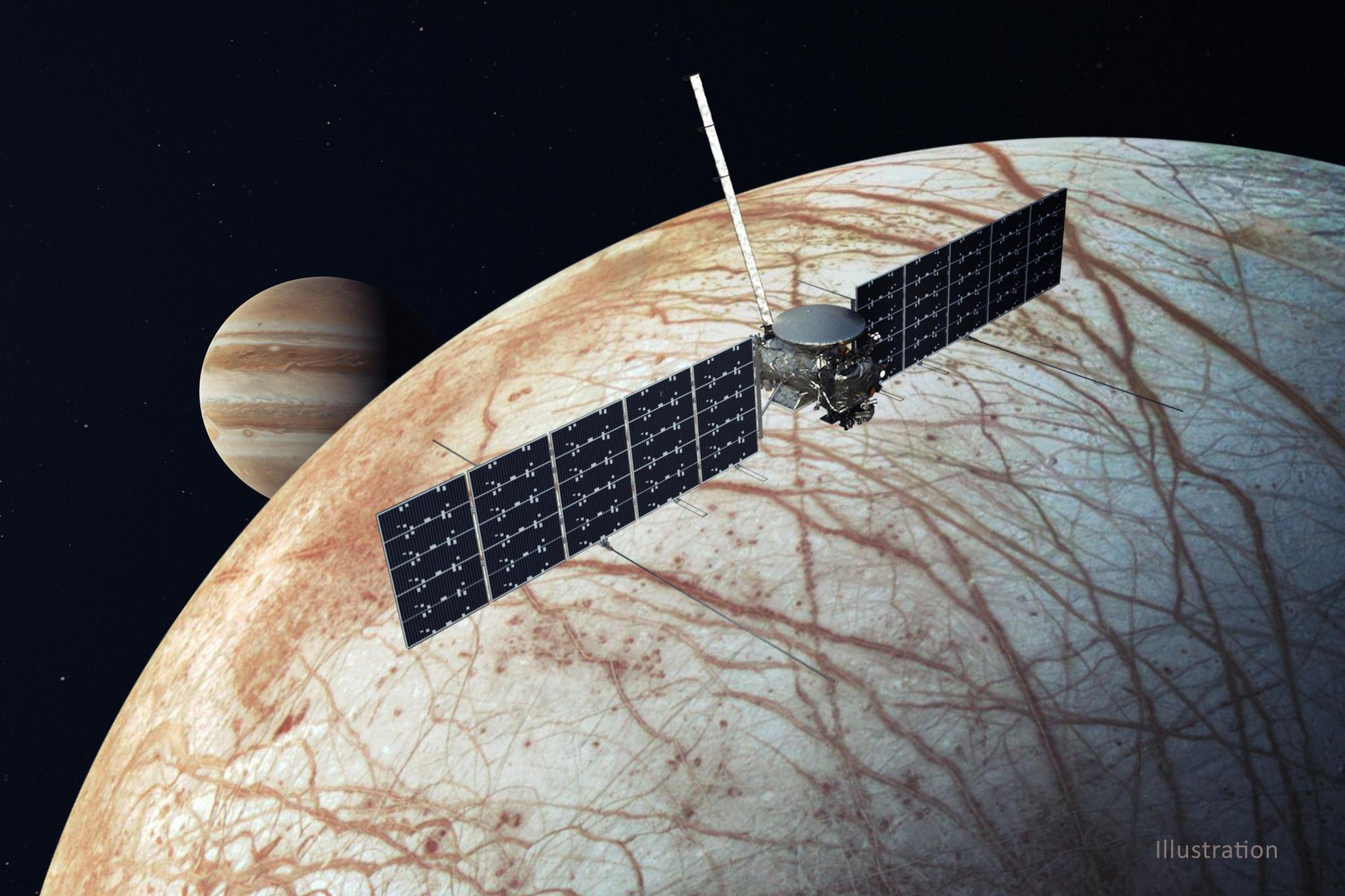 This illustration depicts NASA’s Europa Clipper as it flies by Jupiter’s moon Europa. The mission is targeting an October 2024 launch.