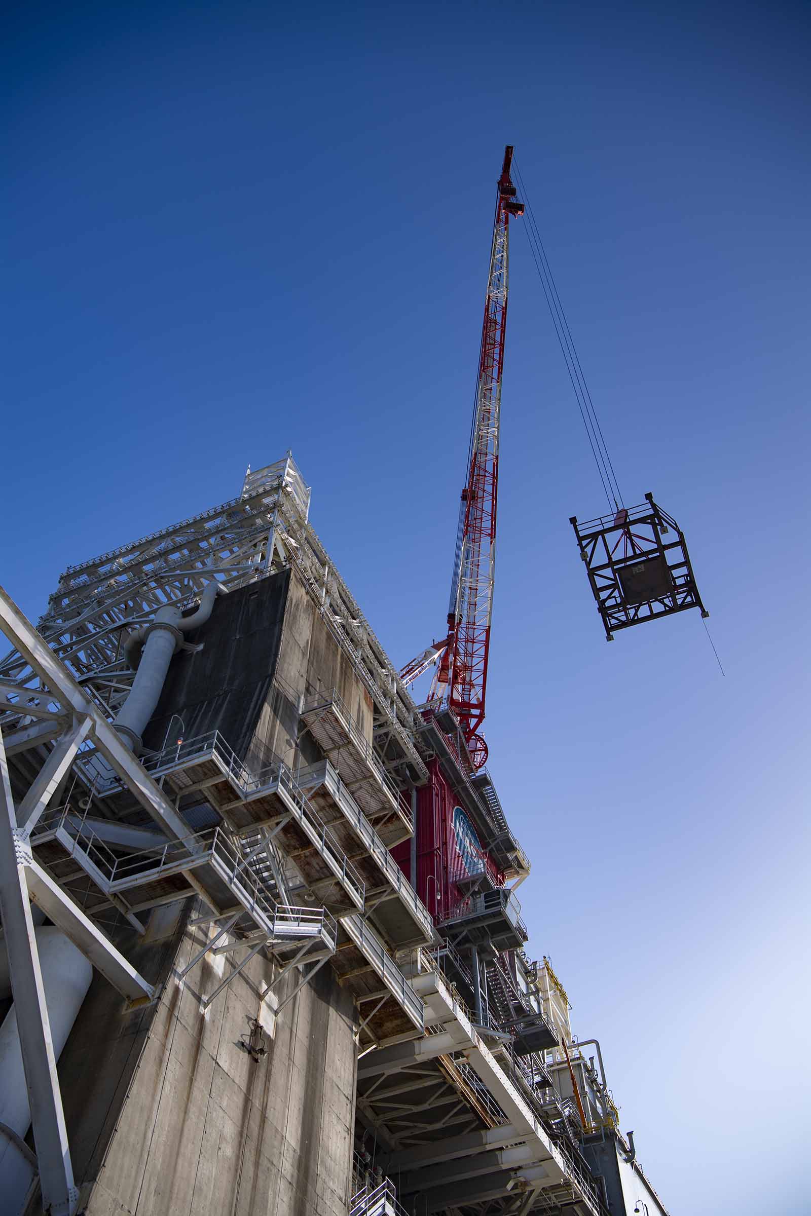 umbilical support structure at the site’s B-2 Test Stand for future testing of the new Exploration Upper Stage (EUS) that will fly on future Artemis missions to the Moon and beyond.