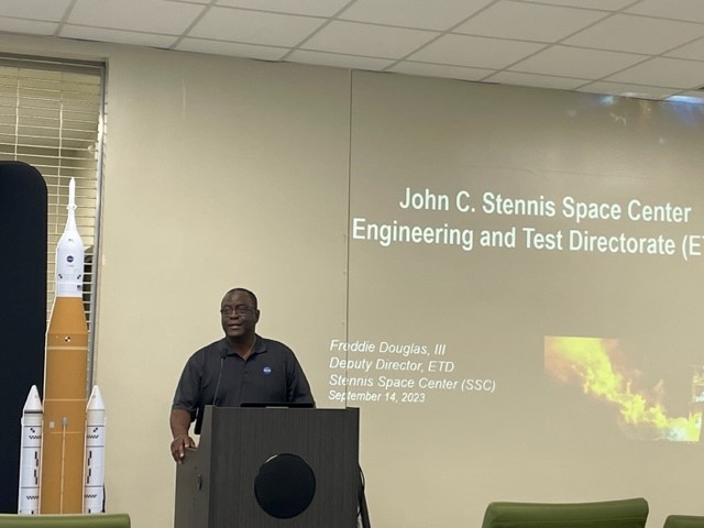 A NASA Stennis representative speaking to audience during NASA Day at Delgado