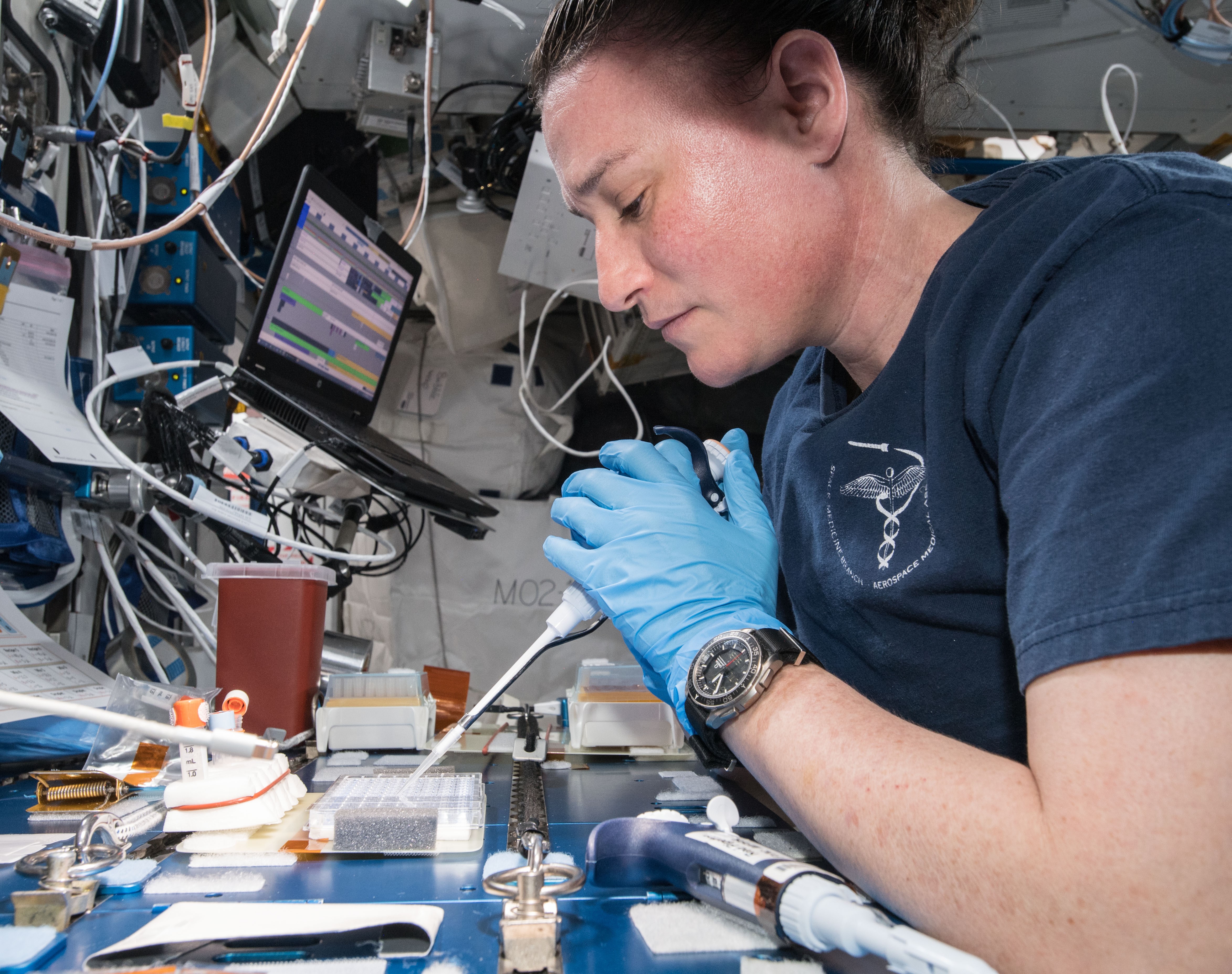 NASA astronaut Serena M. Auñón-Chancellor working on the BioServe Protein Crystalography-1 experiment