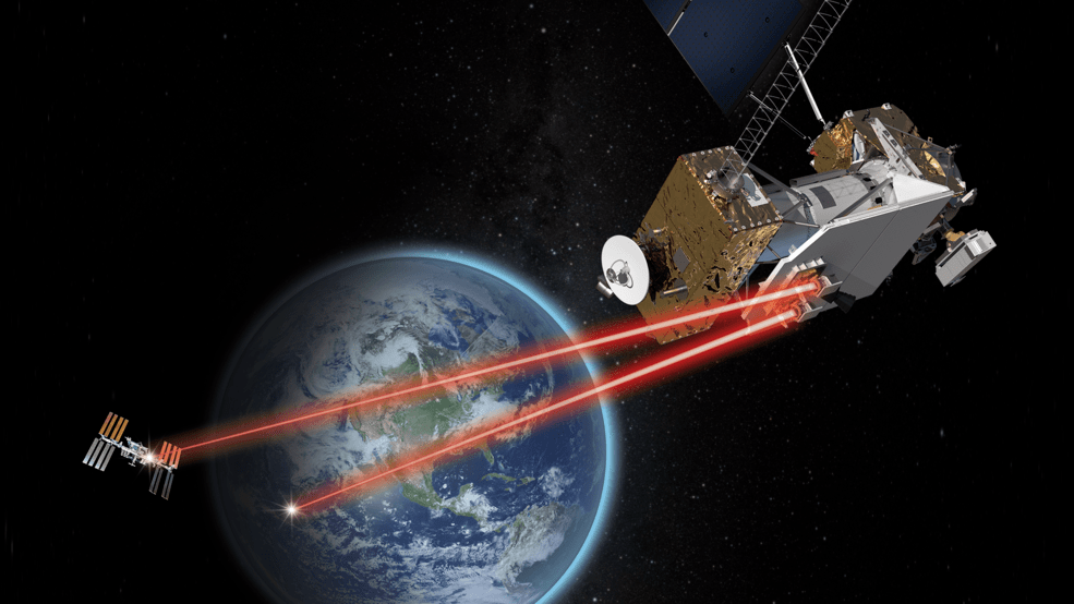 LCRD communicating over laser links to the International Space Station and Earth.