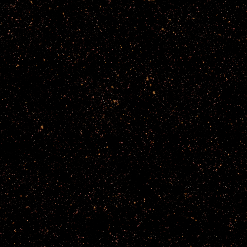 Thousands of tiny red dots speckle a black background like spilled salt. Additional yellow blobs that are slightly larger and appear more like galaxies, are overlaid on top and a few areas appear to bloom outward and slightly warp. Then even more galaxies, this time yellow and white, are overlaid over that, and the other areas "bloom" with even more exaggerated effects, the edges of the circular areas appearing to be smeared into arcs and streaks while the inside of the areas are magnified.