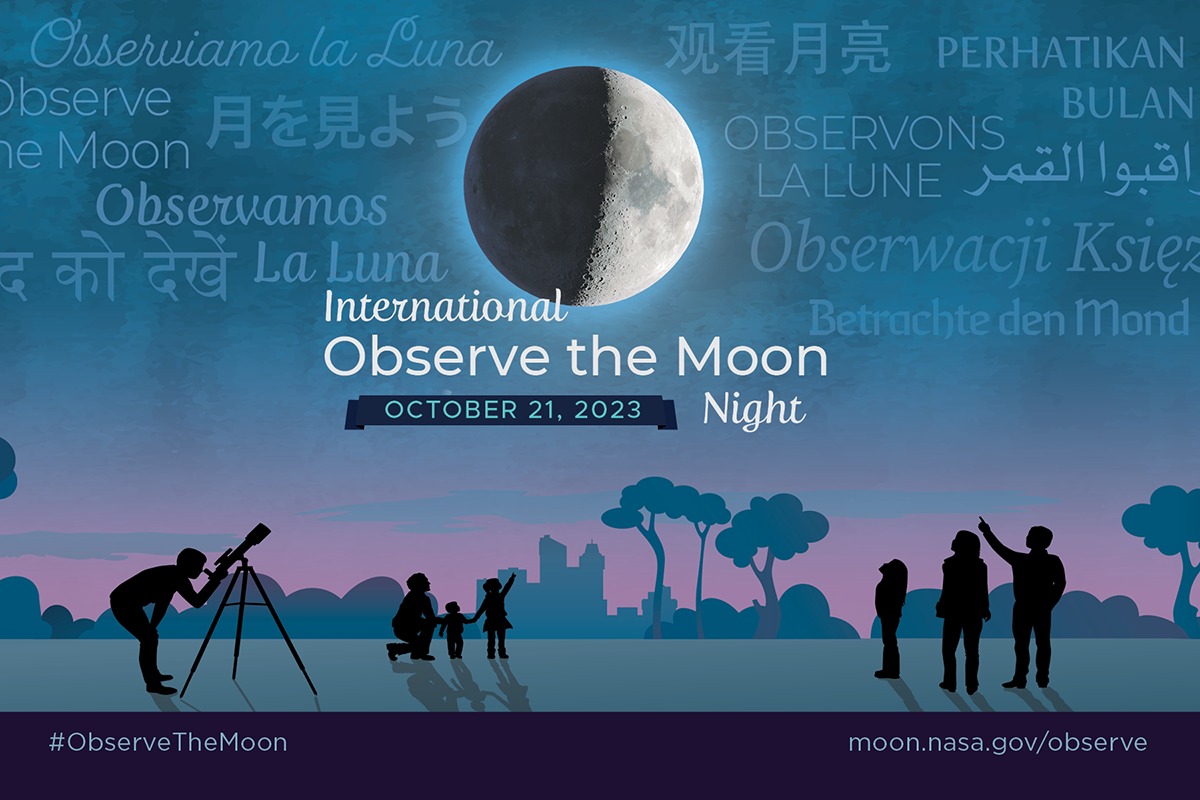 A graphic that shows a moon on a blue to purple background with the words International Observe the Moon Night October, 21, 2023 with silhouettes of people looking at the moon.