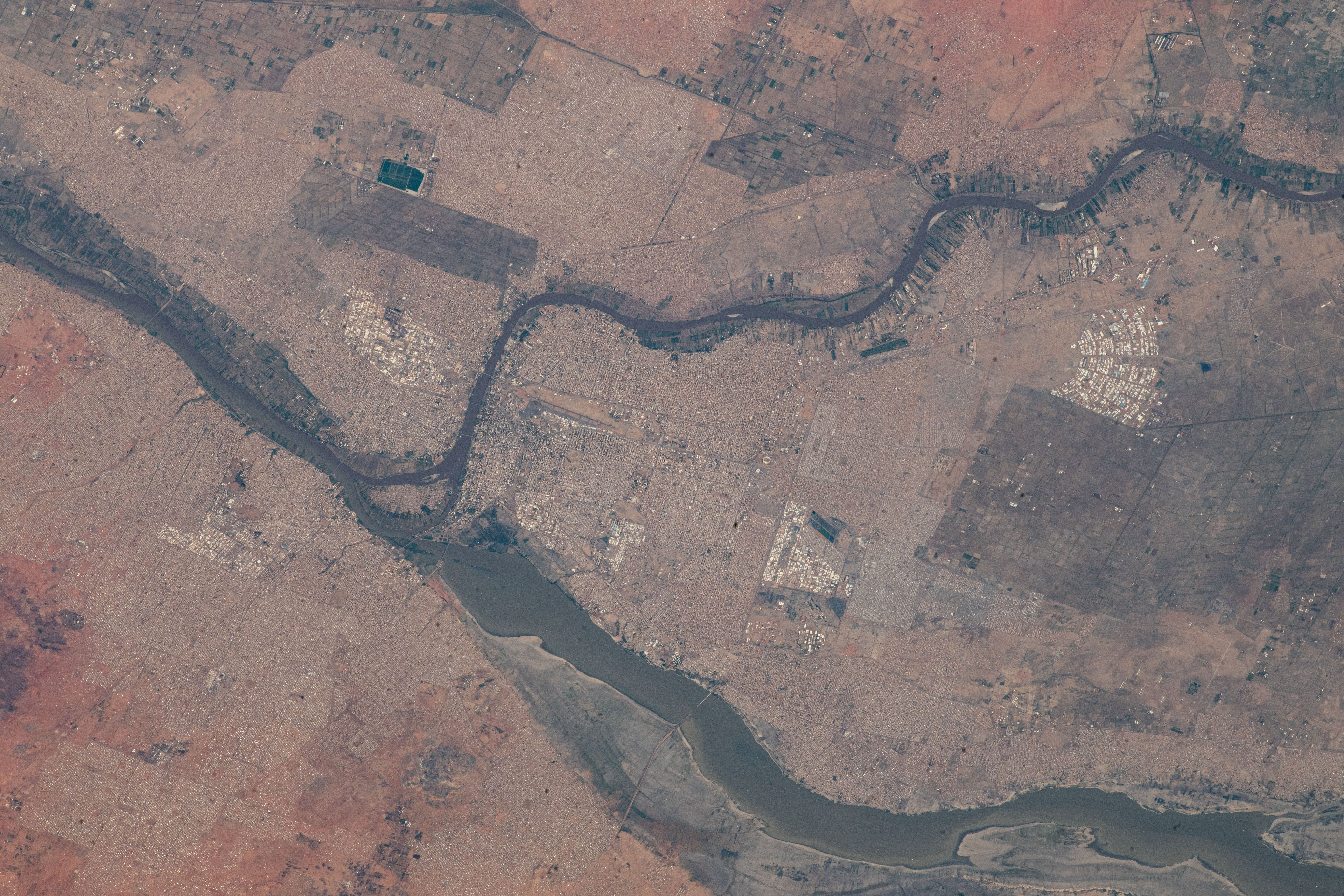 The cities of Khartoum and Omdurman in Sudan are pictured from the International Space Station as it orbited 258 miles above the African nation.