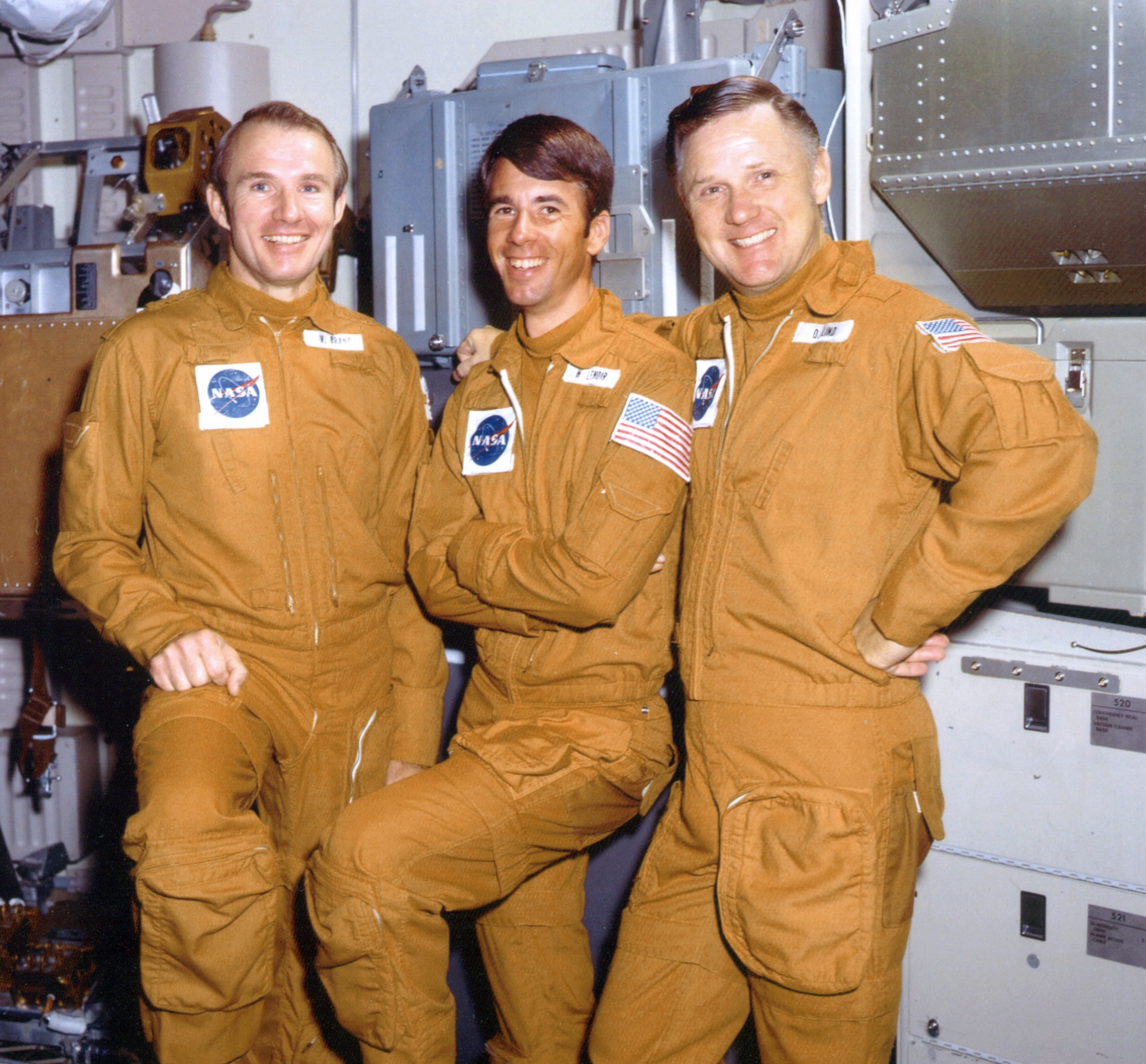 Photo of the Skylab 4 backup crew of Vance D. Brand, left, William B. Lenoir, and Don L. Lind