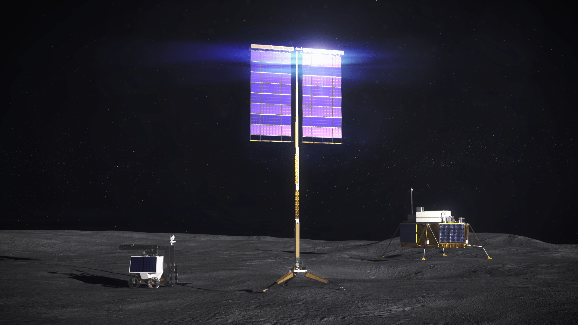 Artist concept of a vertical solar array being used as a power source on the surface of the Moon with robotics positioned nearby.