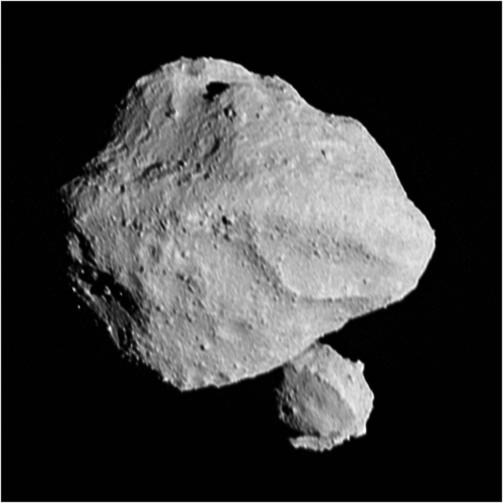 An image of asteroid Dinkinesh, a pair of grey asteroids with a slightly jagged surface, taken from the Lucy spacecraft.