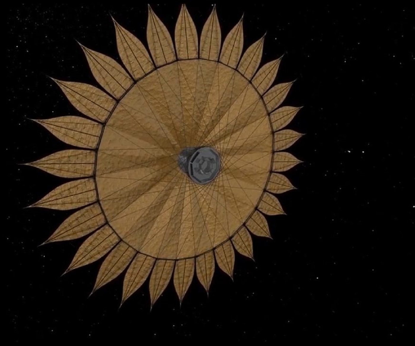 Artist rendering of a gold starsahde fully deployed in space.