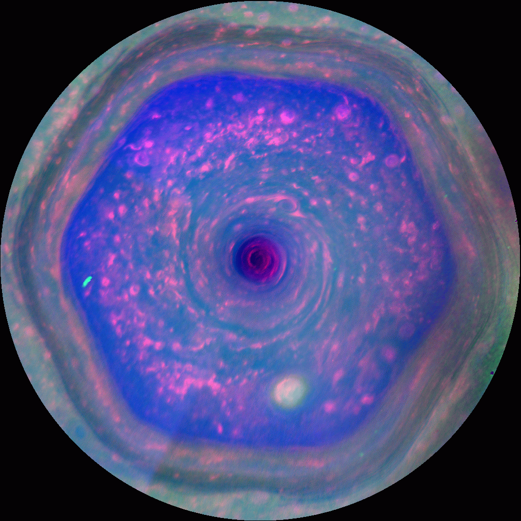 An animation of Saturn's north polar hexagon and vortex. The center of the vortex appears purple and pink.