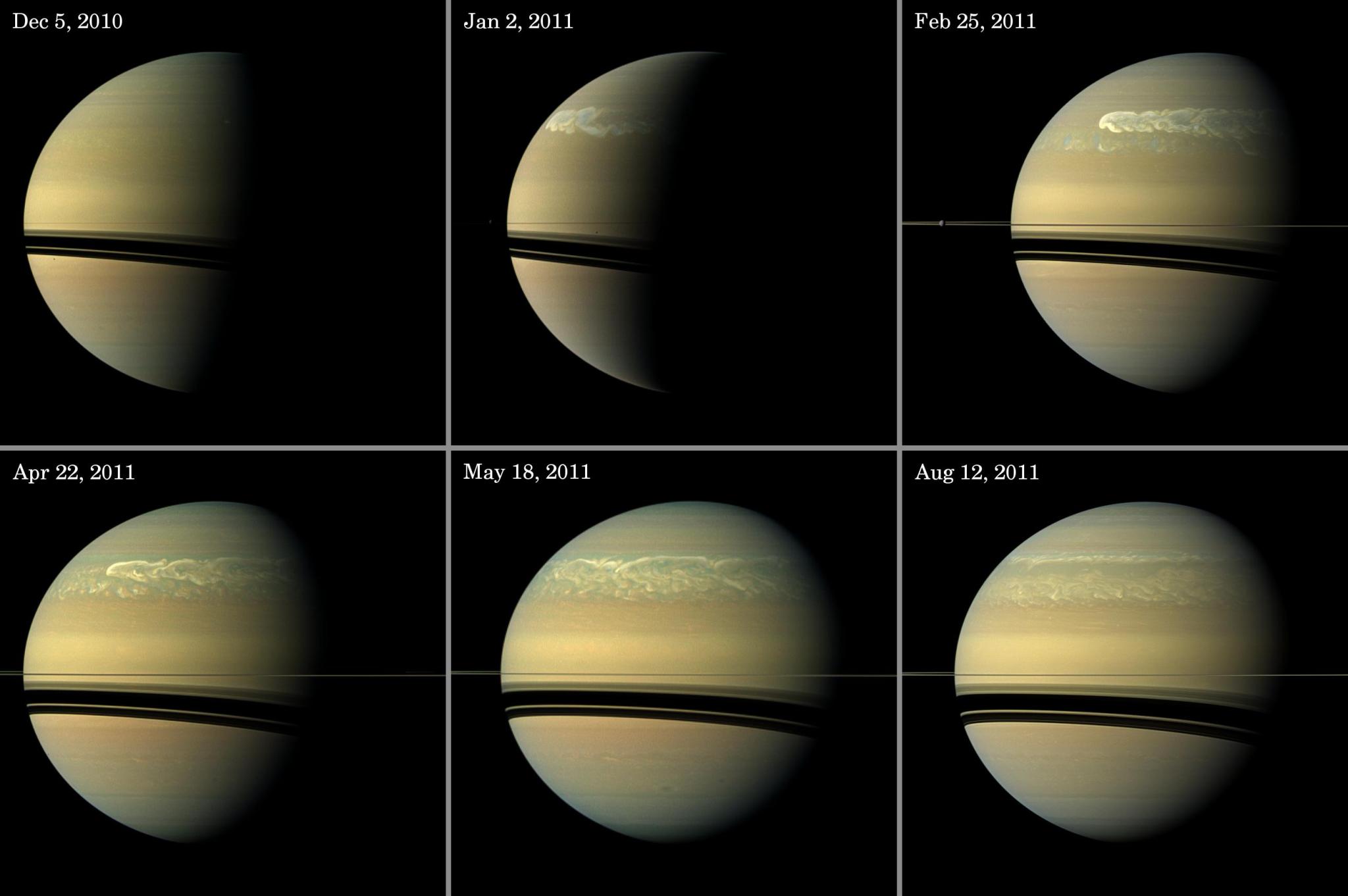 A panel with three images of Saturn on top and three on the bottom. The panel shows the various stages of a storm on the ringed, yellowish planet.