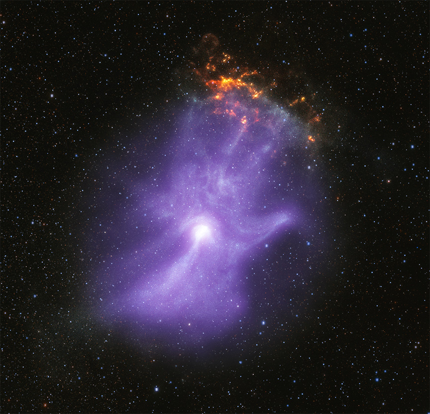 Two of NASA’s X-ray space telescopes have combined their imaging powers to unveil the magnetic field “bones” of a remarkable hand-shaped structure in space.