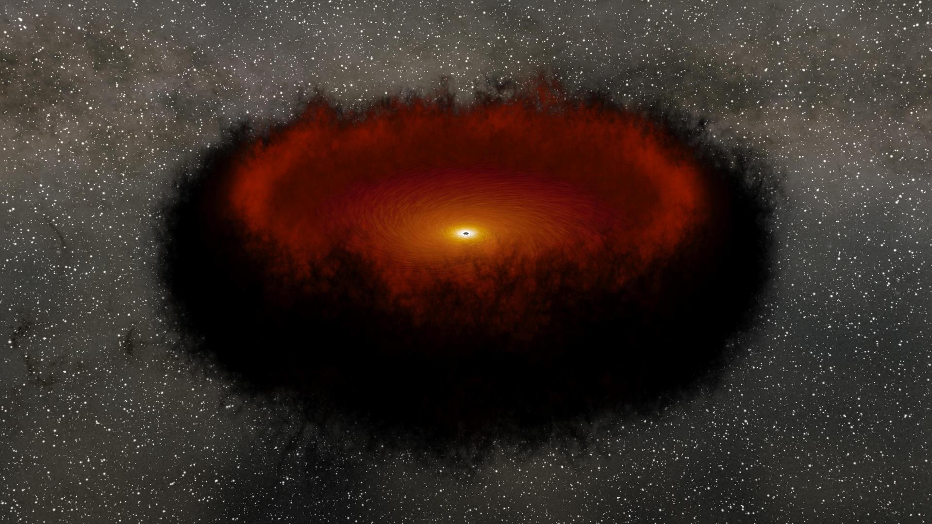 A disk of hot material around a supermassive black hole emits a burst of visible light, which travels out to a ring of dust that subsequently emits infrared light.