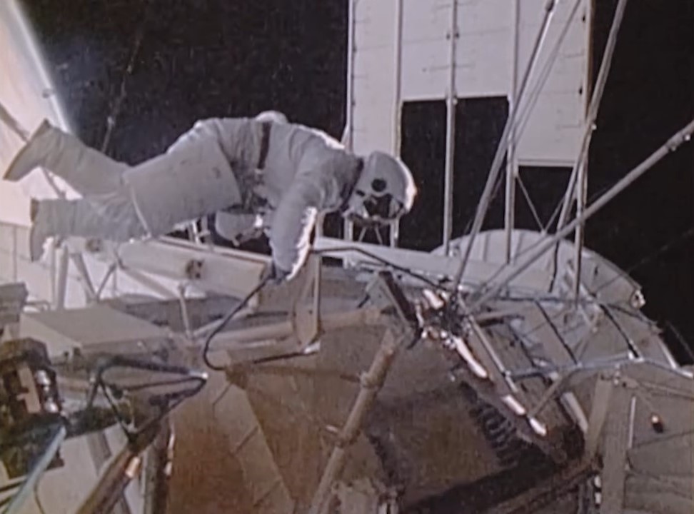 Image of Skylab 4 astronaut Gerald P. Carr from the mission’s second spacewalk, repairing one of the ATM instruments