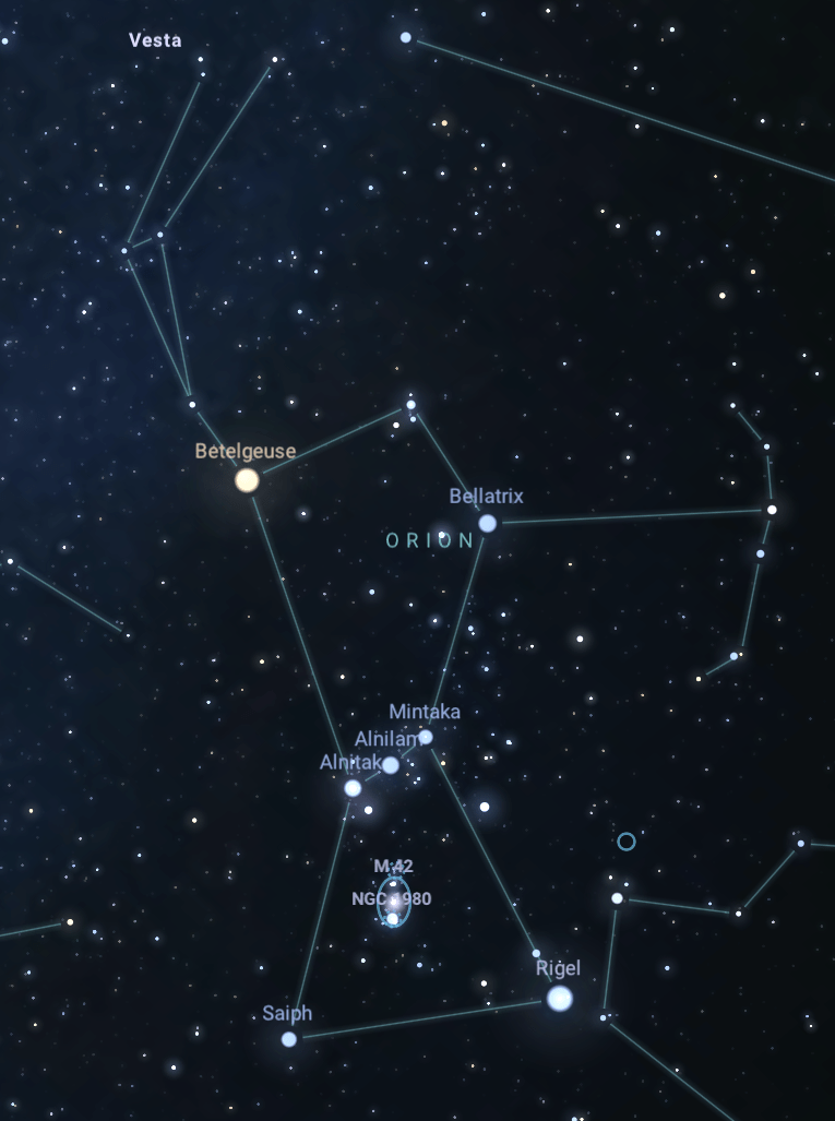 The Orion constellation with light blue lines and dots representing stars. The star, Betelgeuse is reddish-orange, and other named stars are blueish white
