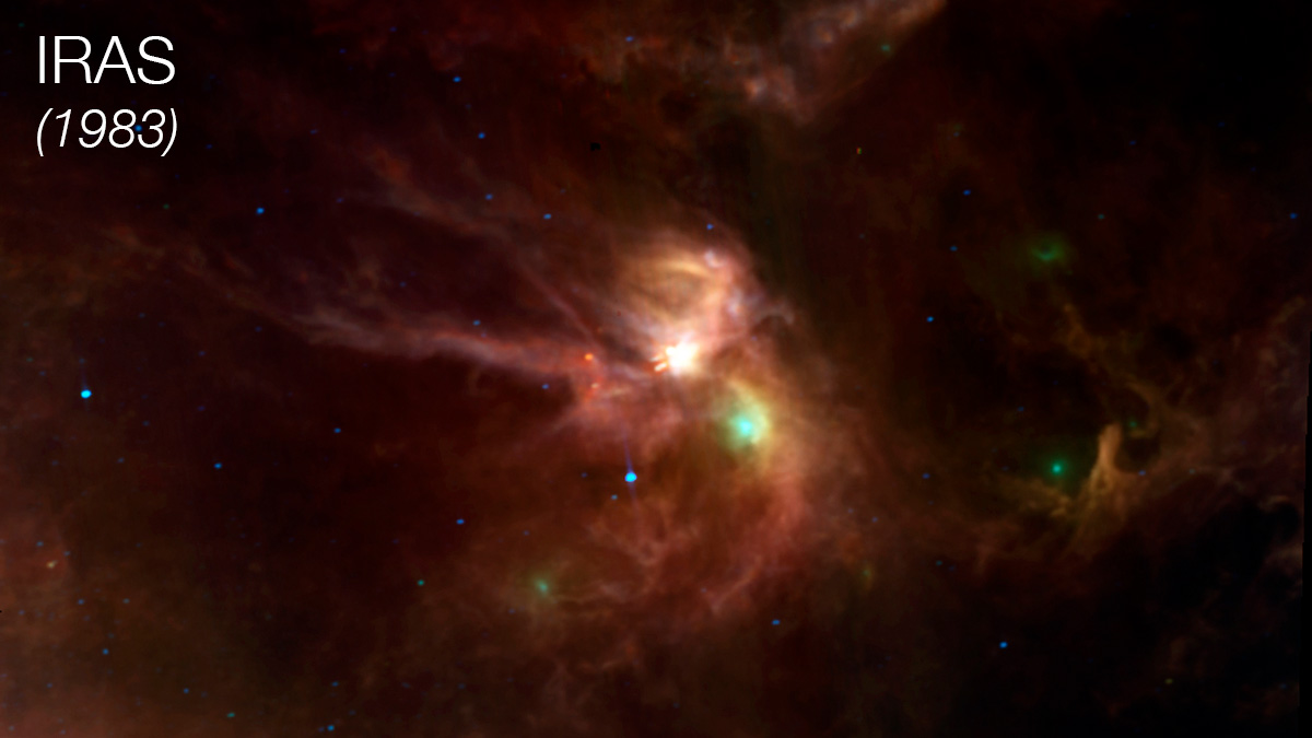 Clouds of gas and dust in space – like Rho Ophiuchi, shown here – mostly radiate infrared light, which human eyes can’t detect. IRAS, the first infrared telescope in Earth orbit, imaged the region in 1983 and revealed previously hidden features, including newly forming stars nestled deep inside the dust.