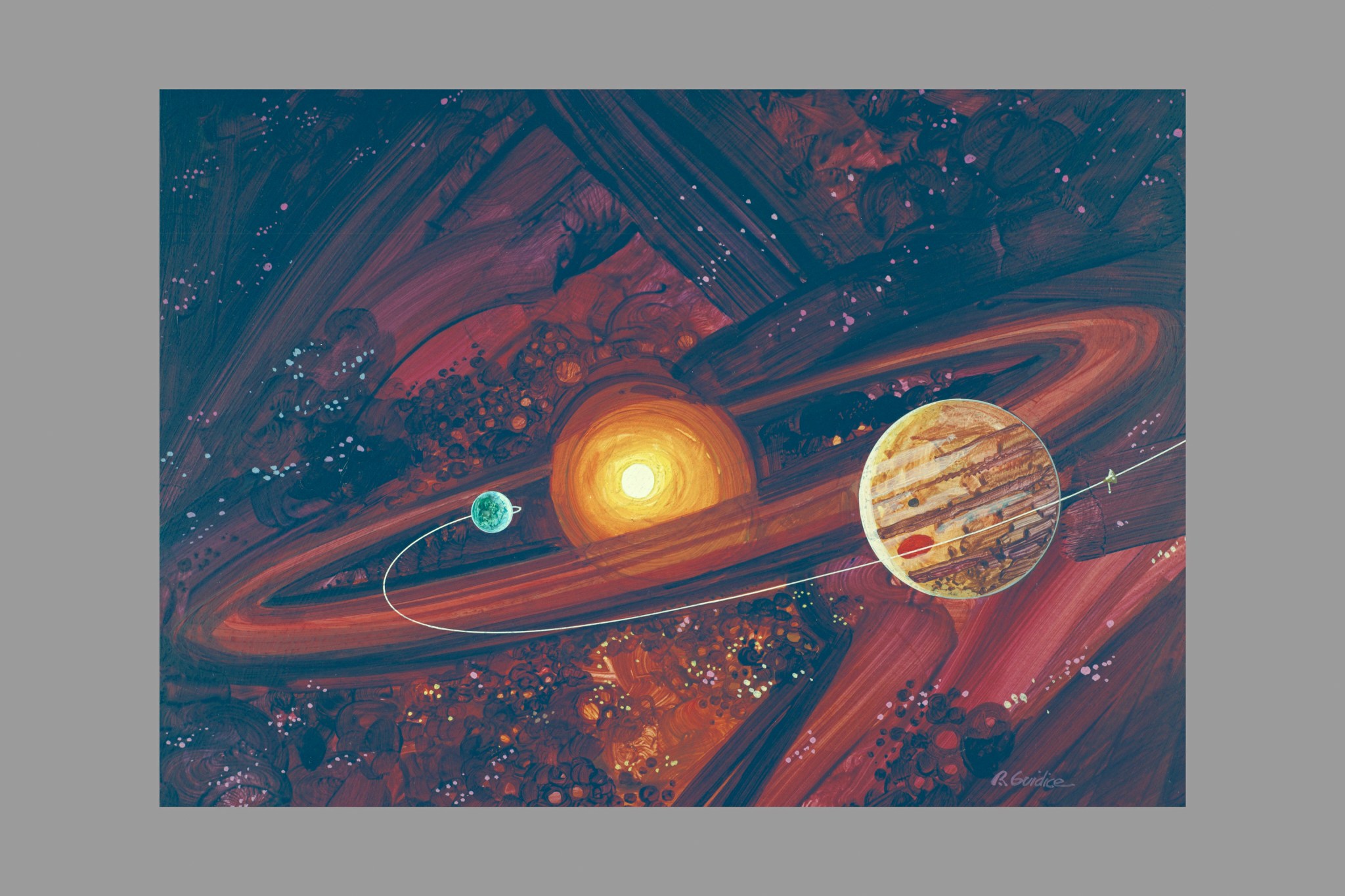 In this illustration, the Pioneer 10 spacecraft flies through the asteroid belt between Mars and Jupiter. The spacecraft is shown to the right of Jupiter (right), dwarfed by the planet's size. The white line representing Pioneer 10's path curls around Earth and past Jupiter. At the center, the Sun is represented in bright, luminous white and orange, while streaks of red, orange, purple, and black represent space. The image is dotted with spots of purple, blue, yellow, and white.