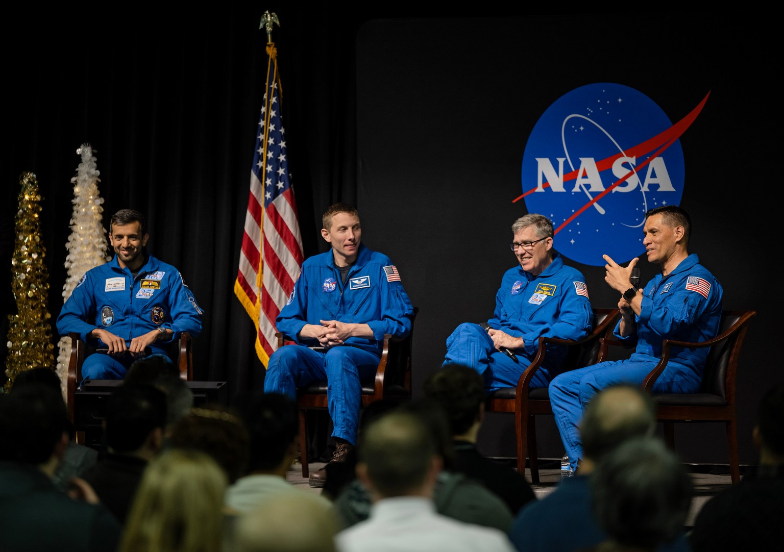 From left, Alneyadi, Hoburg, Bowen, and Rubio answer questions during the Marshall team member Q&A portion of their visit.