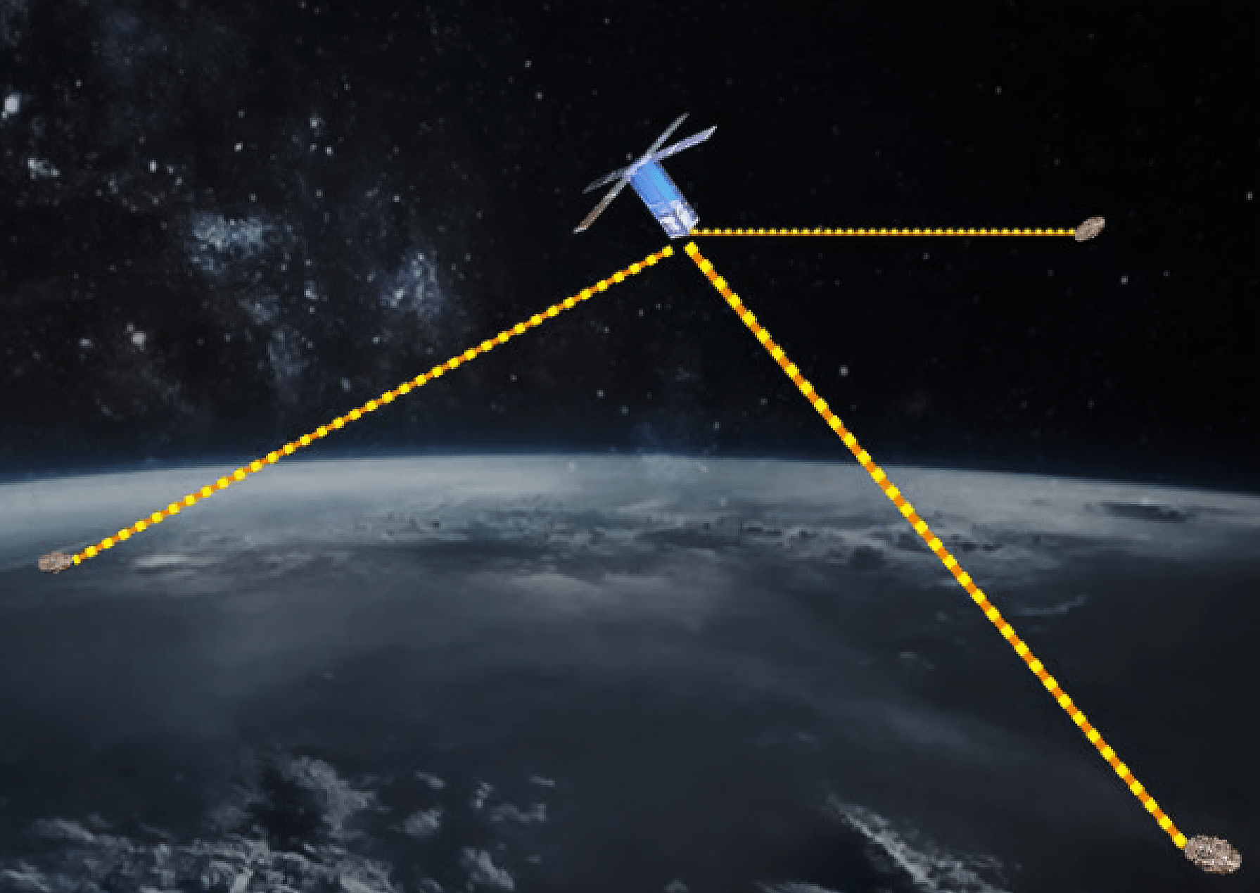 Artist rendition of a satellite above the earth with communication beams.