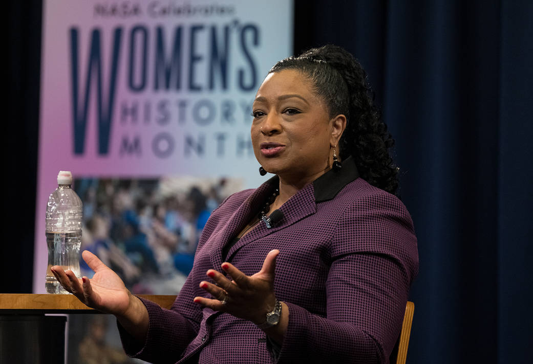 NASA Goddard’s Deputy Center Director for Technology and Research Investments, Dr. Christyl Johnson, speaks during a panel discussion as part of a Women’s History Month program Wednesday, March 22, 2023, at NASA’s Goddard Space Flight Center.