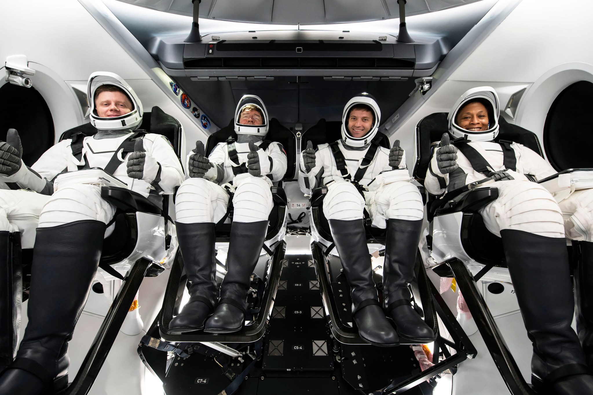 The crew of NASA’s SpaceX Crew-8 mission to the International Space Station poses for a photo during their Crew Equipment Interface Test at NASA’s Kennedy Space Center in Florida. The goal of the training is to rehearse launch day activities and get a close look at the spacecraft that will take them to the International Space Station.