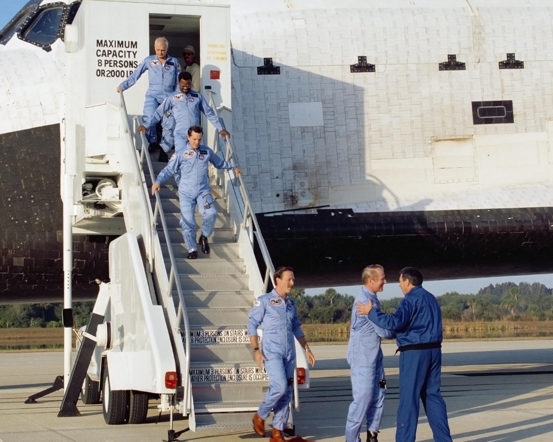 STS-41B astronauts depart space shuttle Challenger at the SLF