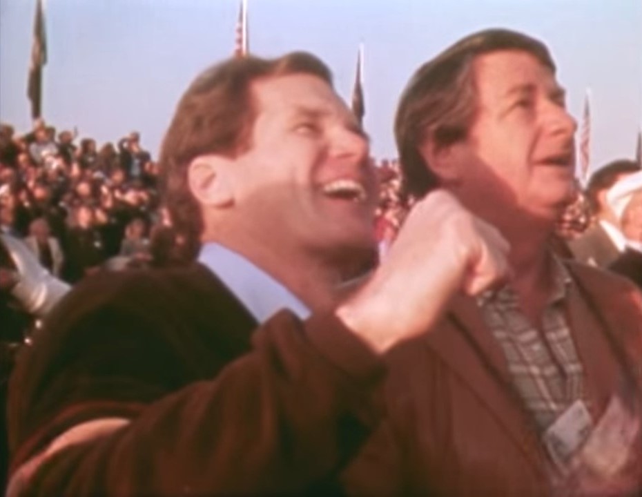 Congressman C. William “Bill” Nelson, left, of Florida cheers on the STS-41B launch