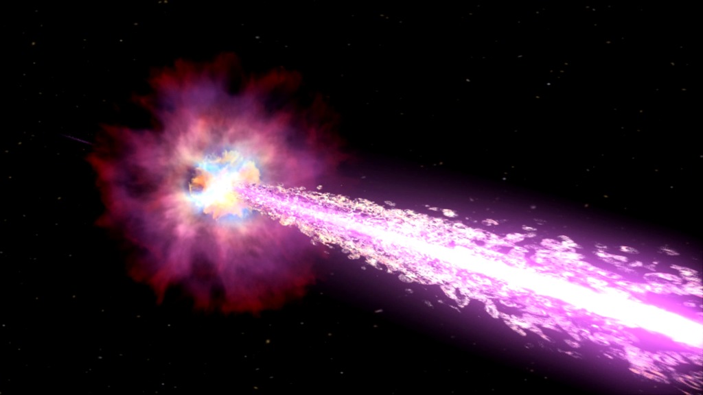 As a high-mass star explodes in this artist’s concept, it produces a jet of high-energy particles. We see GRBs when such gets point almost directly at Earth.