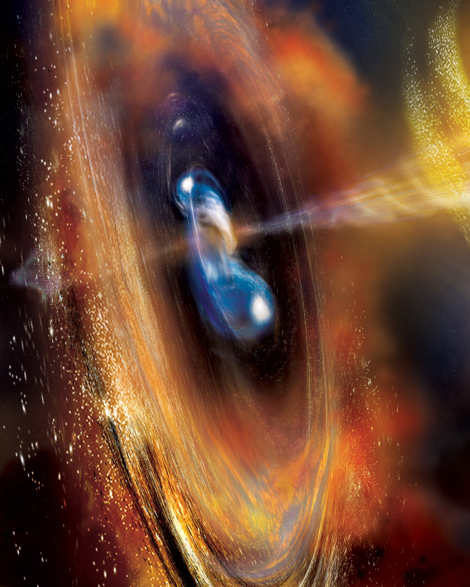 Two neutron stars begin to merge in this artist’s concept, blasting jets of high-speed particles. Collision events like this one create short gamma-ray bursts. Credit: NASA’s Goddard Space Flight Center/ A. Simonnet, Sonoma State University