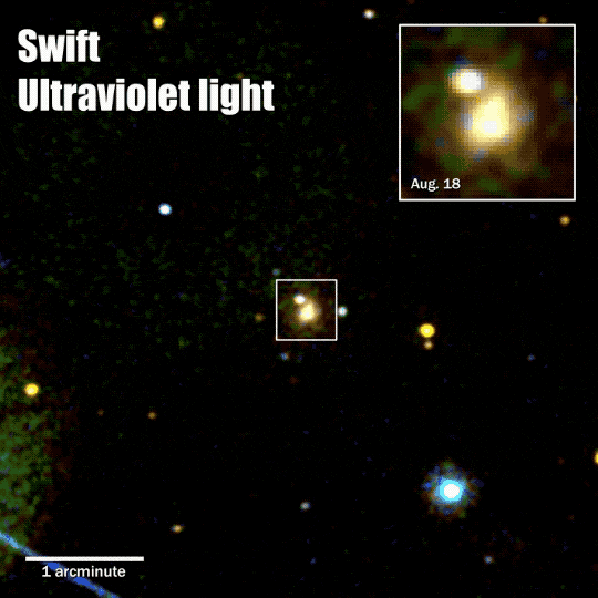This animation GIF has text “Swift Ultraviolet light,” and shows the UV light Swift detected on August 18 and 29, fading between the two. The image shows the sky, black with several small circles of light. On August 18, the central source appears as a small yellow blob with a second white ball just to the side of it. On August 29, the white ball has disappeared, leaving just the larger yellow source.