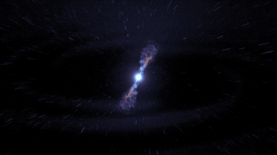 When this animation opens, there are concentric rings of pale blue the expand away and off the screen. At the center is a bright ball of light with two narrow cones of orange, fiery-looking material extend in opposing directions, tilted just to the right. During the first few seconds, there are magenta flashes of light that seem to be pushed along with the ends of the orange cones. The central ball expands into a puffy, electric blue cloud. The sequence represents the events that happened after two neutron stars merged, exploding in a gamma-ray burst.