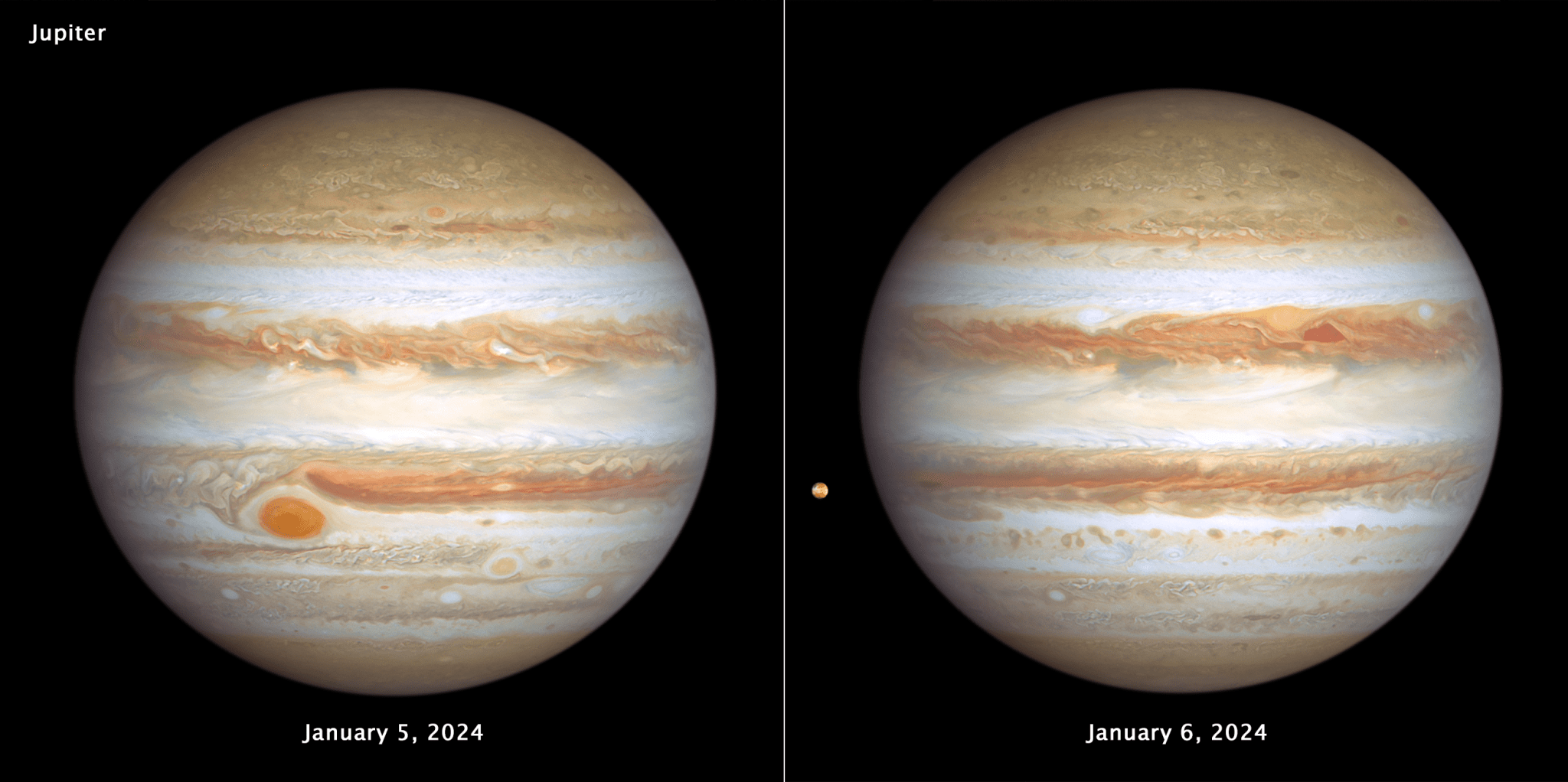 A side-by-side image showing both faces of Jupiter on the black background of space. At the top, left corner of the left-hand image is the label Jupiter. Centered at the bottom is the label
