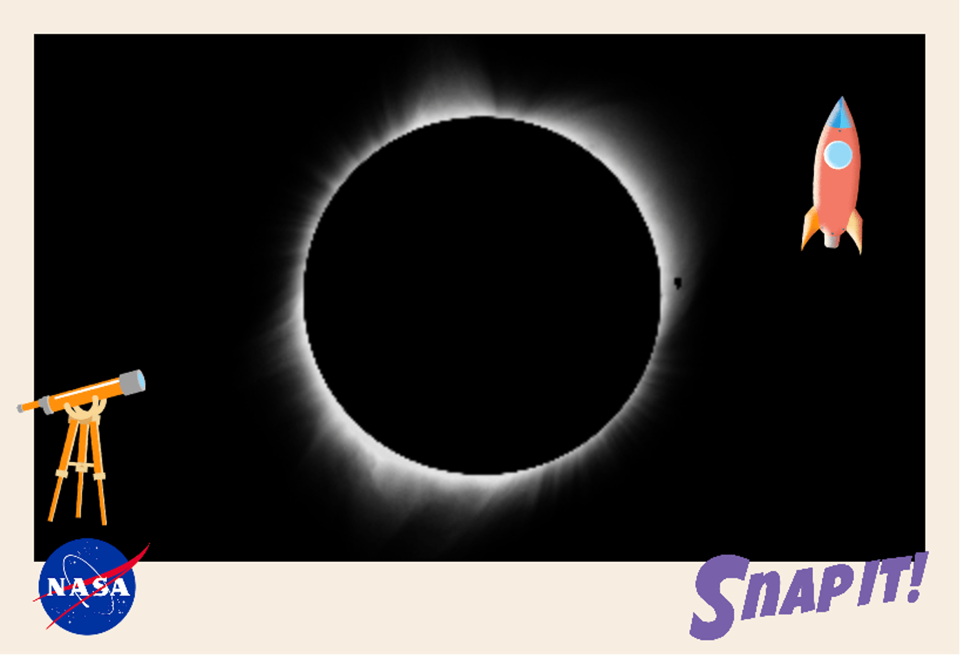 A postcard that show a large image a total solar eclipse in the middle – a black circle with the Sun's white wispy corona flowing out. There is a cartoon telescope on the bottom left and a cartoon rocket on the top right. On the bottom left, there is also the NASA insignia. On the bottom right, it says 