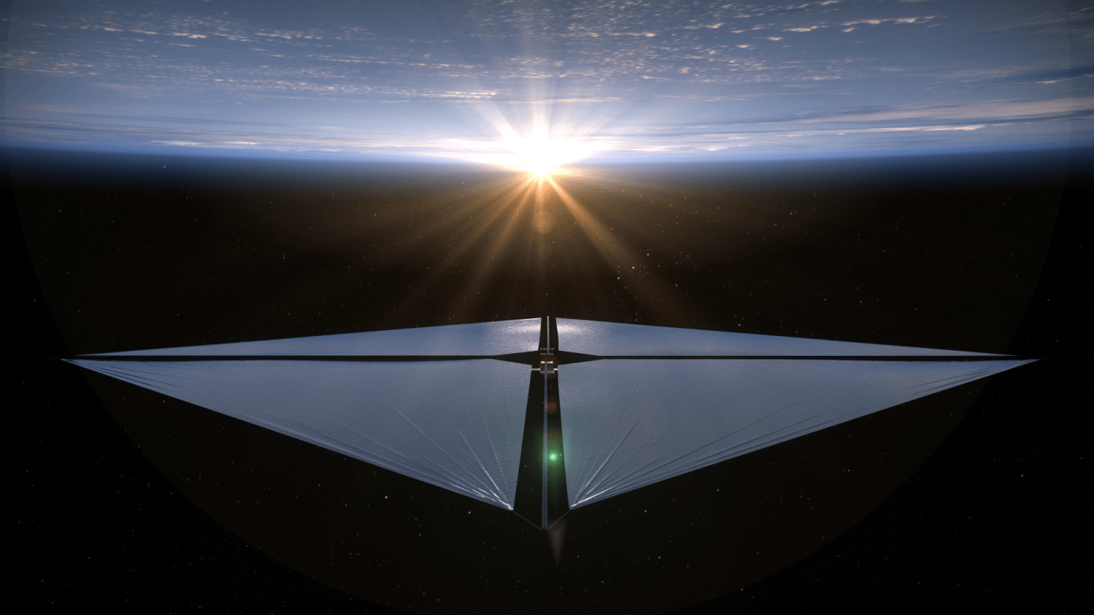 The Advanced Composite Solar Sail System spacecraft sailing over Earth as the sun "rises" in the distance.
