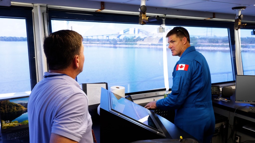 Members of NASA’s Pegasus Barge crew meet with Artemis II crew members at NASA’s Michoud Assembly Facility in New Orleans July 15 and 16.