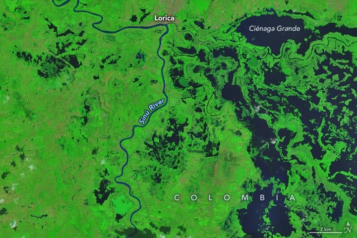 An image captured before the flooding on January 23, 2026, shows the same area before the worst flooding occurred. Most land along the river appears dry.