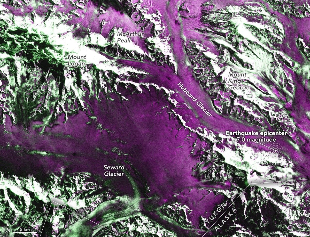 False-color radar images show more rough terrain (green) in the St. Elias Mountains near Hubbard Glacier after an earthquake on December 6, 2025, indicating landslides and avalanches.