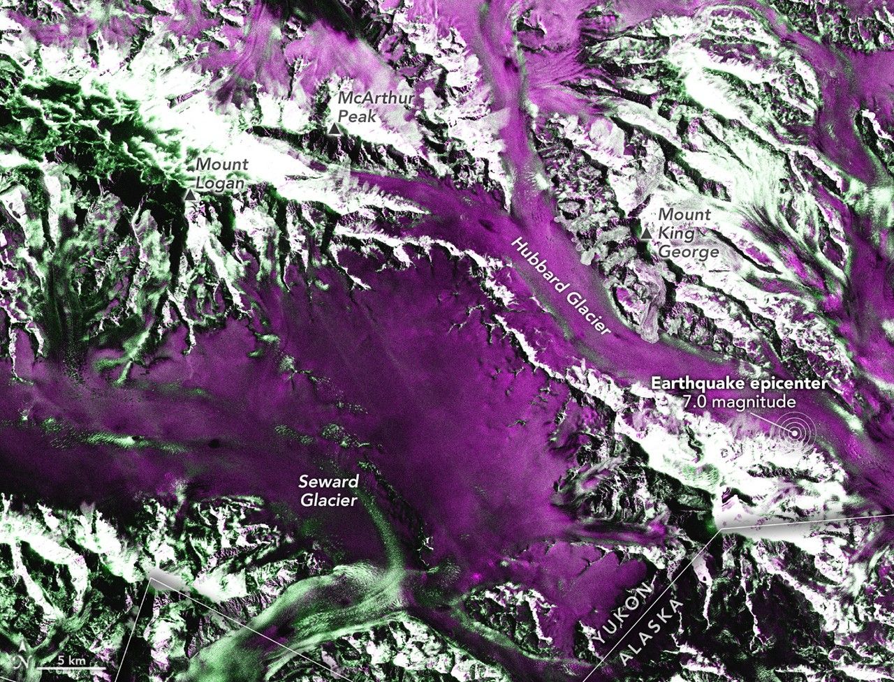 False-color radar images show more rough terrain (green) in the St. Elias Mountains near Hubbard Glacier after an earthquake on December 6, 2025, indicating landslides and avalanches.