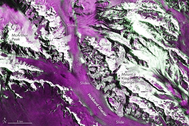 False-color radar images show a detailed view of the area around Mount King George and McArthur Peak, where most of the landslides and avalanches were visible following an earthquake on December 6, 2025.
