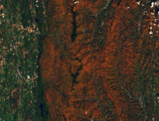 Ridges and mountains in a forested area appear orange, while river valleys and lower-elevation areas are still green.